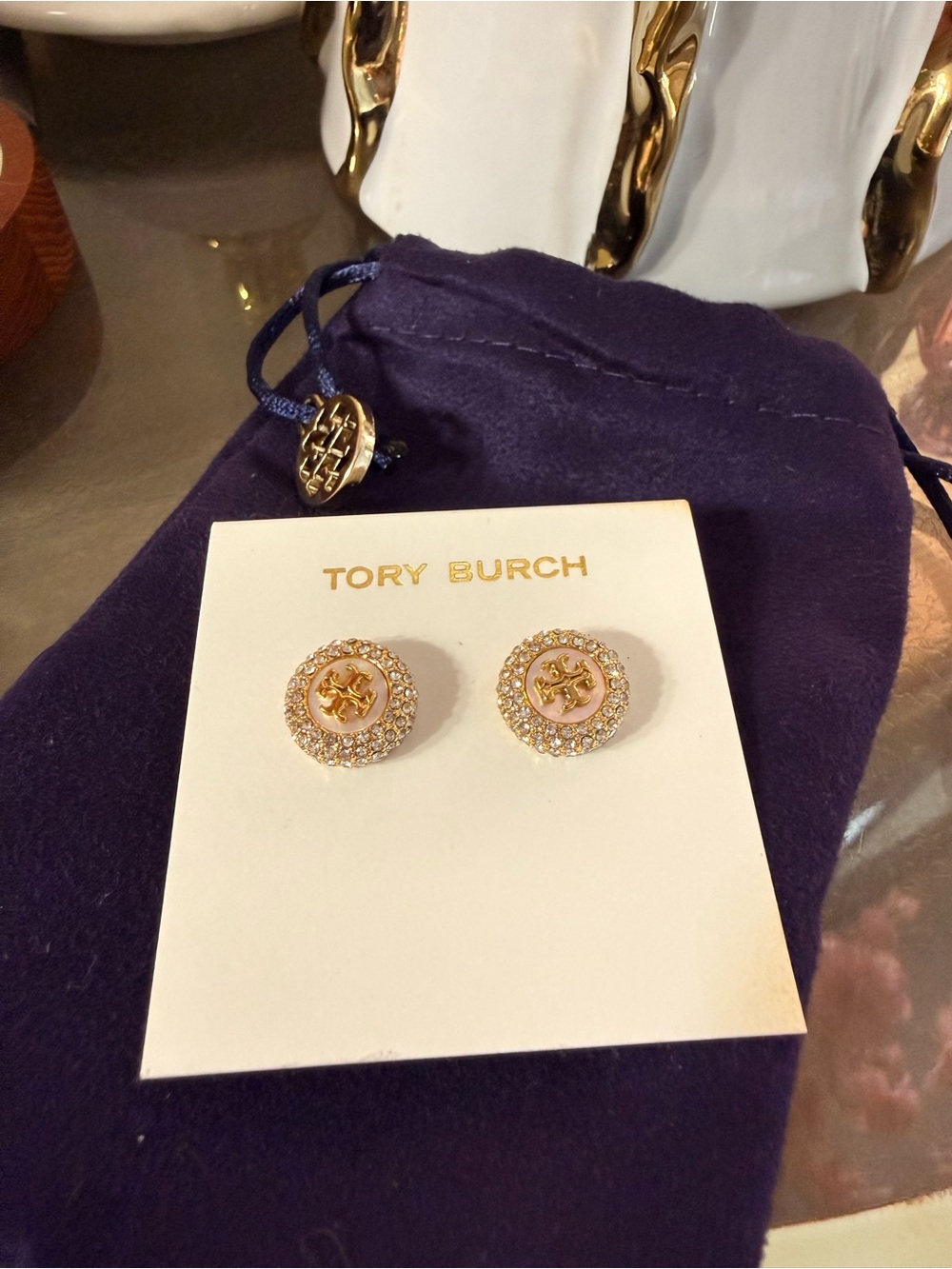 Tory Burch Gold Mother of Pearl and Logo Crystal Halo Stud Earrings